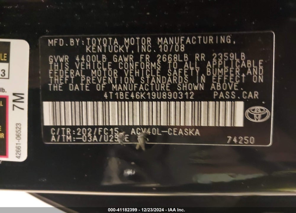 2009 TOYOTA CAMRY SE VIN: 4T1BE46K19U890312
