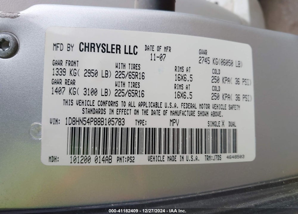 2008 DODGE GRAND CARAVAN SXT VIN: 1D8HN54P88B105783