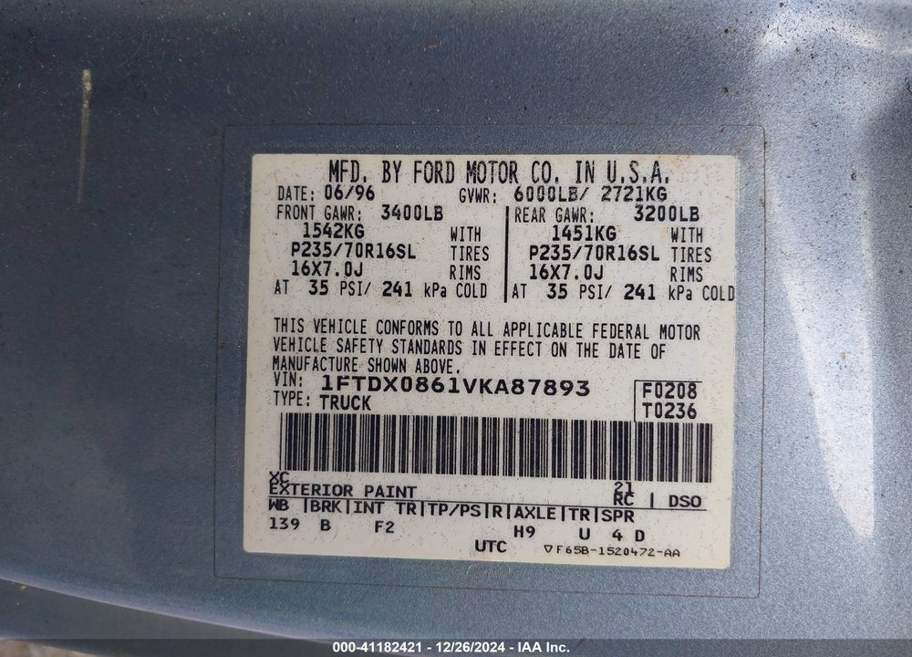 1997 FORD F-150 LARIAT/XL/XLT VIN: 1FTDX0861VKA87893