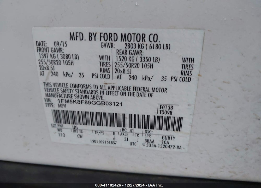 2016 FORD EXPLORER LIMITED VIN: 1FM5K8F89GGB03121