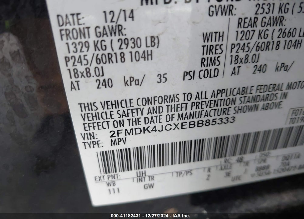 2014 FORD EDGE SEL VIN: 2FMDK4JCXEBB85333