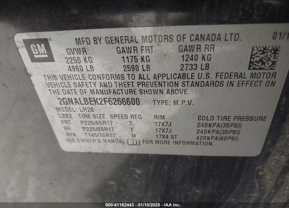2015 CHEVROLET EQUINOX 1LT VIN: 2GNALBEK2F6266600