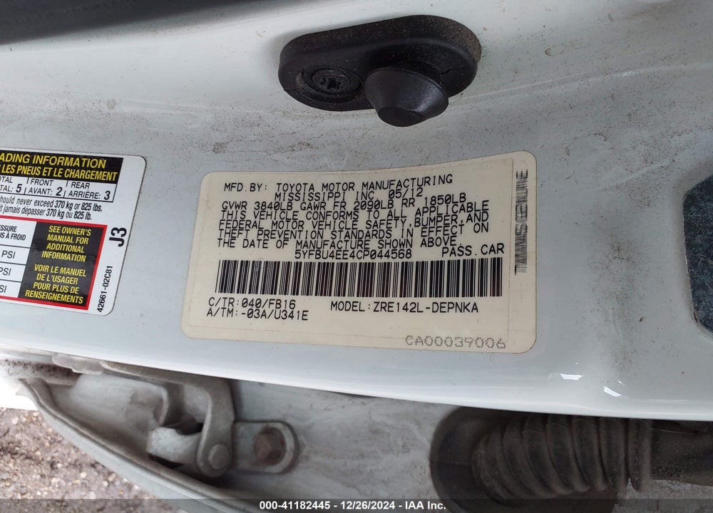 2012 TOYOTA COROLLA LE VIN: 5YFBU4EE4CP044568