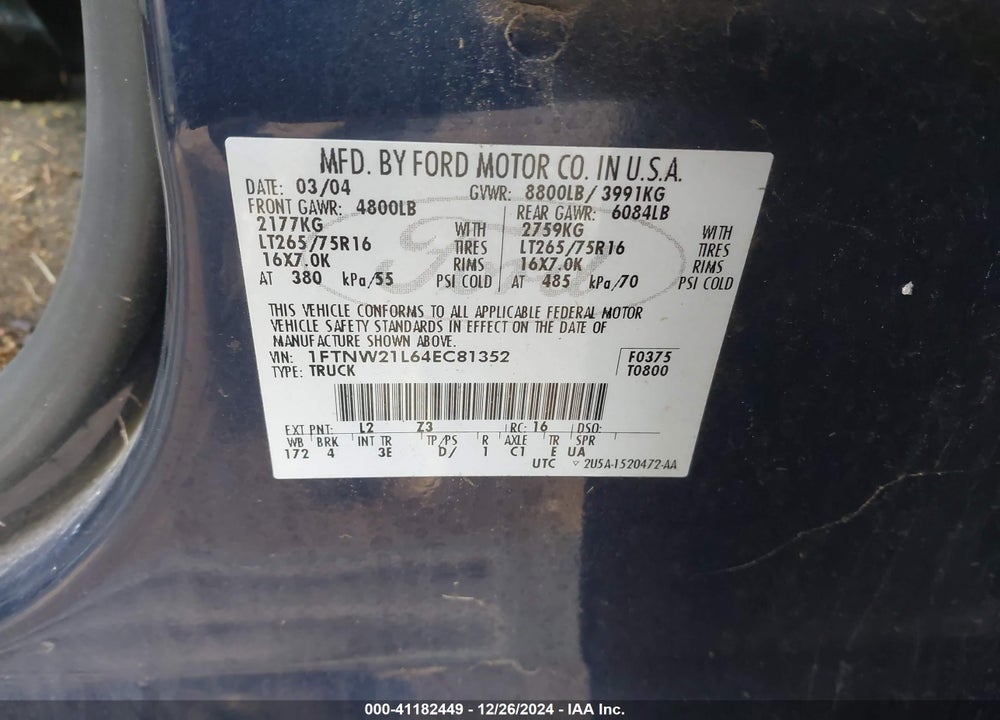 2004 FORD F-250 LARIAT/XL/XLT VIN: 1FTNW21L64EC81352