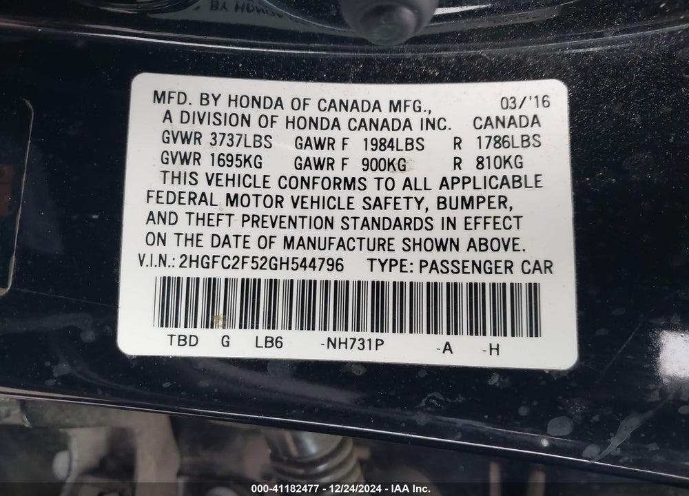 2016 HONDA CIVIC LX VIN: 2HGFC2F52GH544796