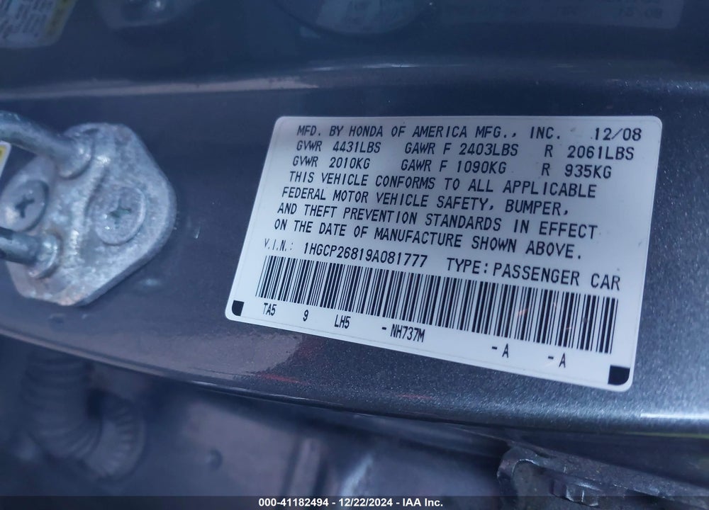 2009 HONDA ACCORD 2.4 EX-L VIN: 1HGCP26819A081777