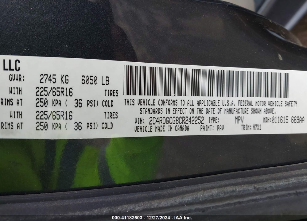 2012 DODGE GRAND CARAVAN SXT VIN: 2C4RDGCG8CR242252