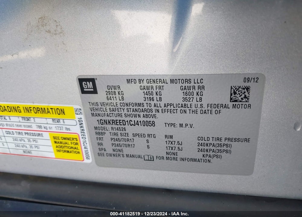 2012 CHEVROLET TRAVERSE LS VIN: 1GNKREED1CJ410058
