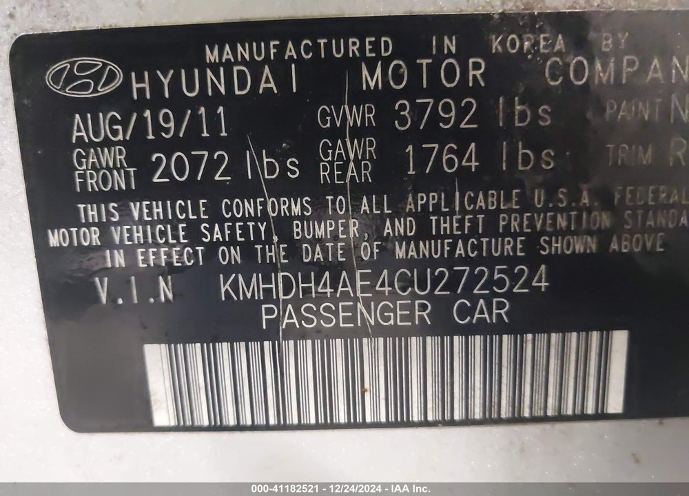 2012 HYUNDAI ELANTRA LIMITED (ULSAN PLANT) VIN: KMHDH4AE4CU272524