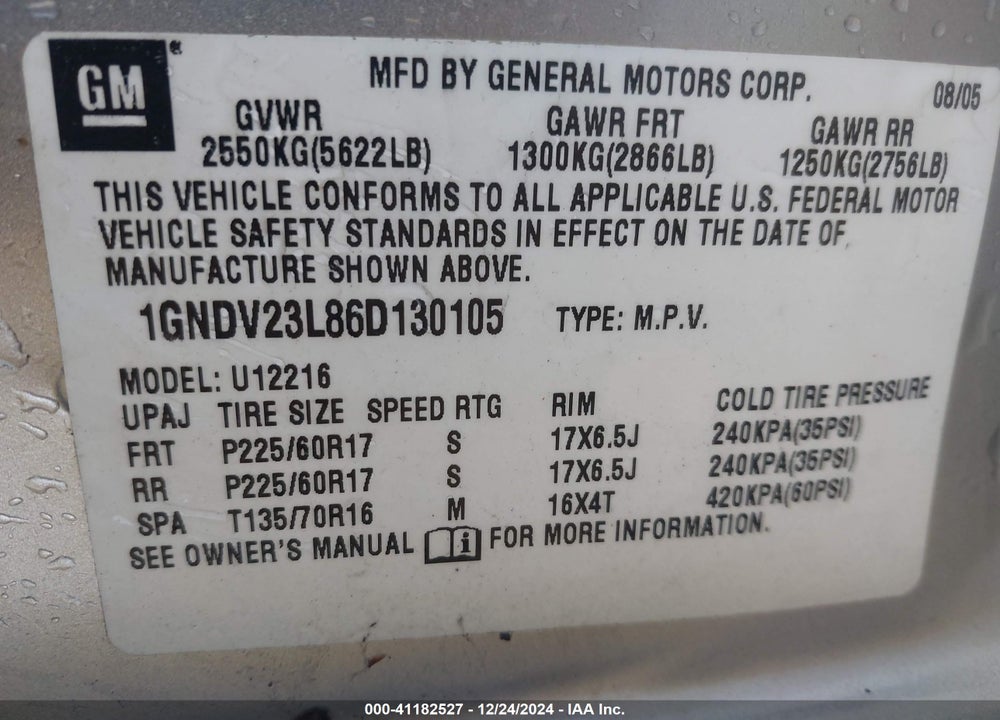 2006 CHEVROLET UPLANDER LS VIN: 1GNDV23L86D130105