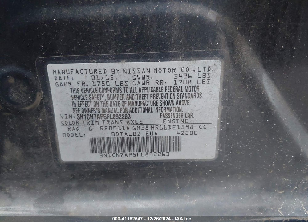 2015 NISSAN VERSA VIN: 3N1CN7AP5FL892263