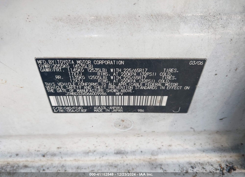 2006 TOYOTA RAV4 VIN: JTMBD33V066009986