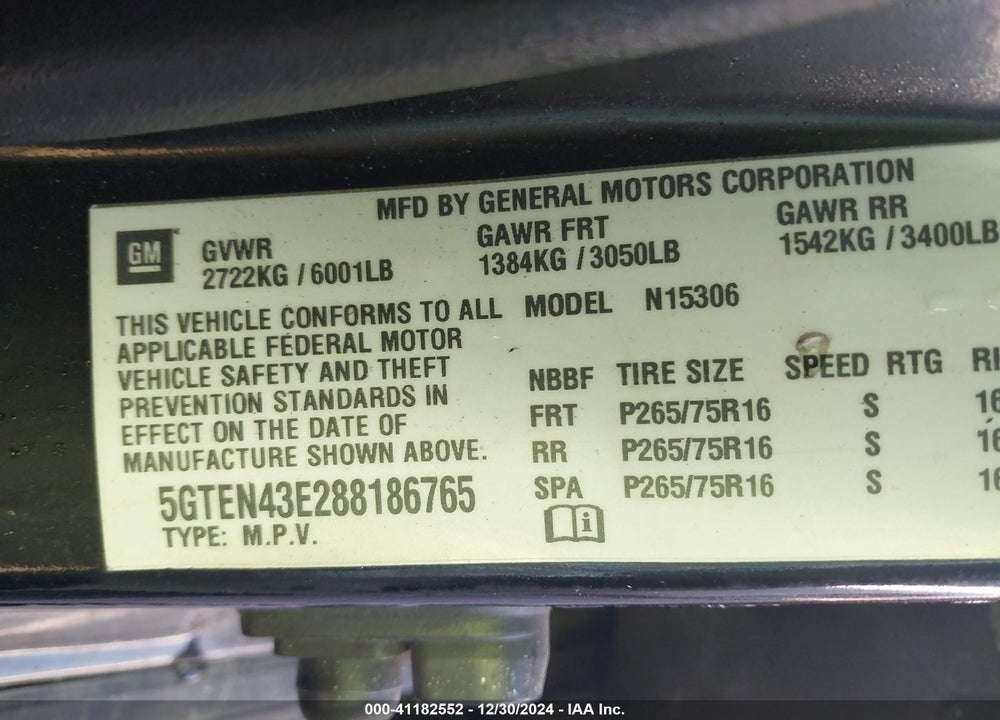 2008 HUMMER H3 SUV VIN: 5GTEN43E288186765