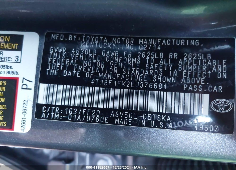 2014 TOYOTA CAMRY SE VIN: 4T1BF1FK2EU376684