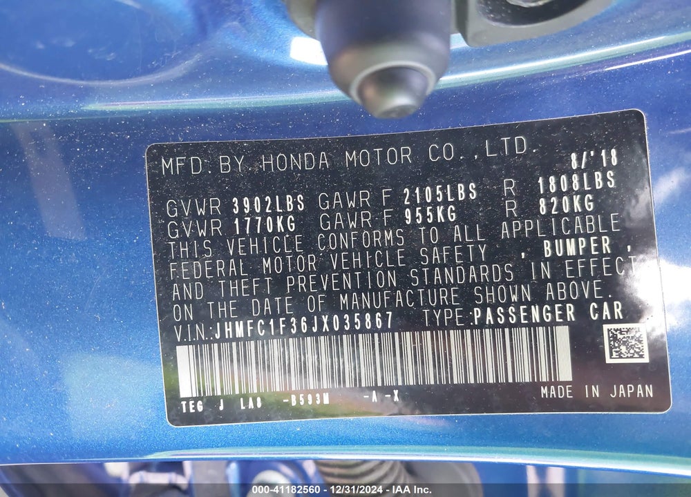 2018 HONDA CIVIC VIN: JHMFC1F36JX035867