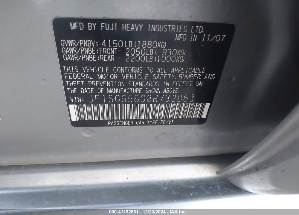 2008 SUBARU FORESTER 2.5X VIN: JF1SG65608H732863