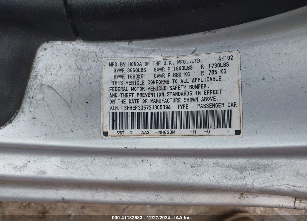 2002 HONDA CIVIC SI VIN: SHHEP33572U305394
