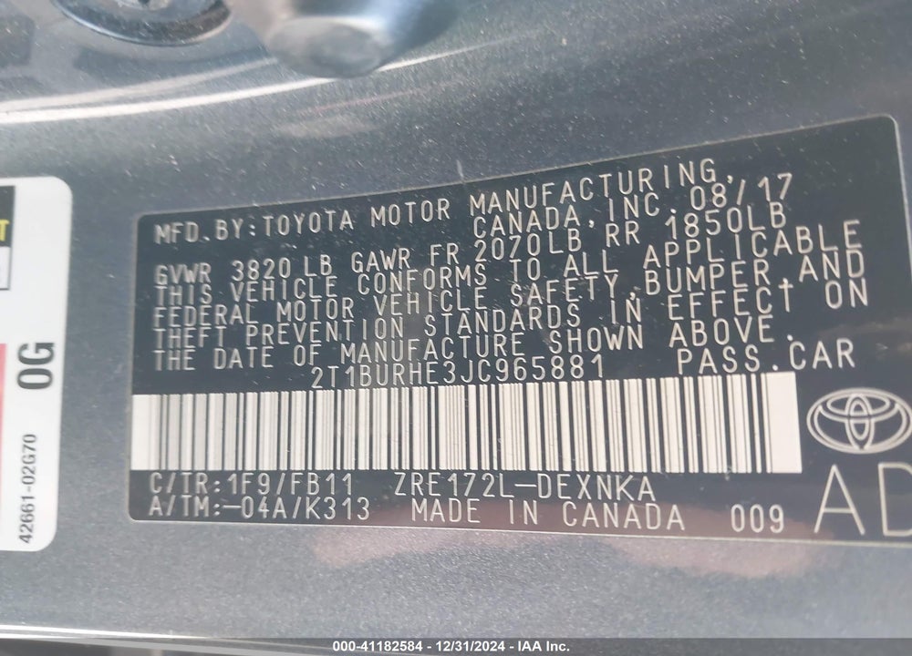 2018 TOYOTA COROLLA VIN: 2T1BURHE3JC965881
