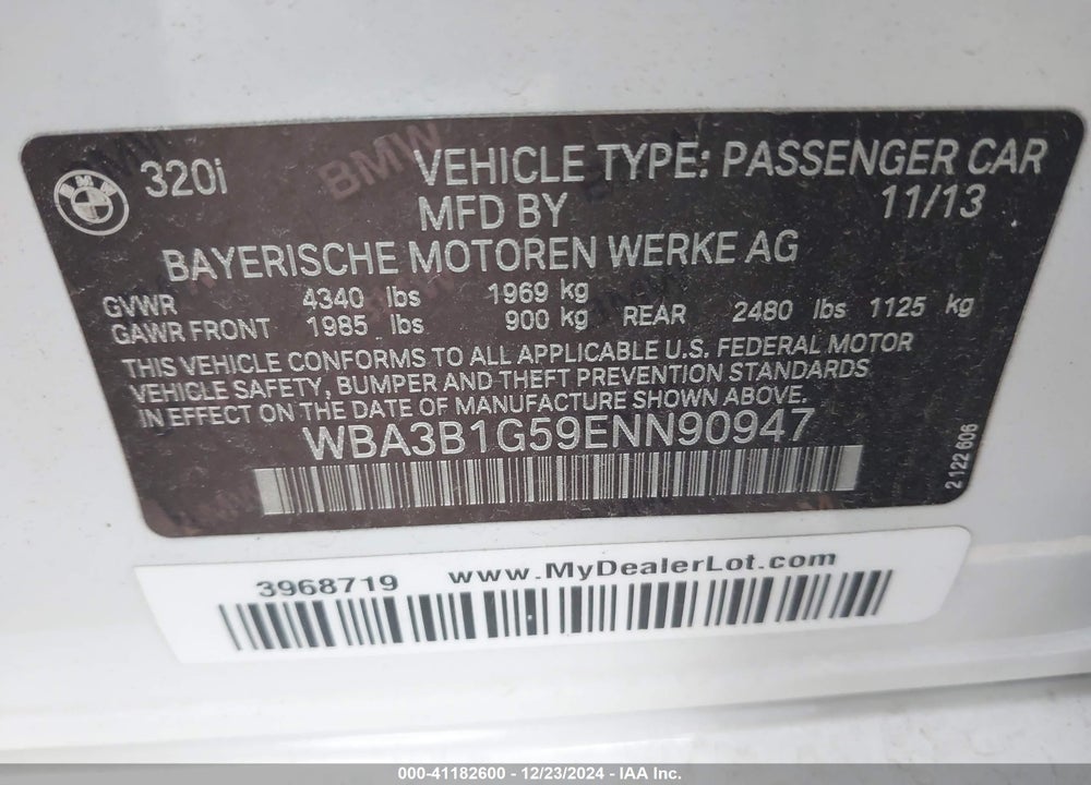 2014 BMW 320I VIN: WBA3B1G59ENN90947