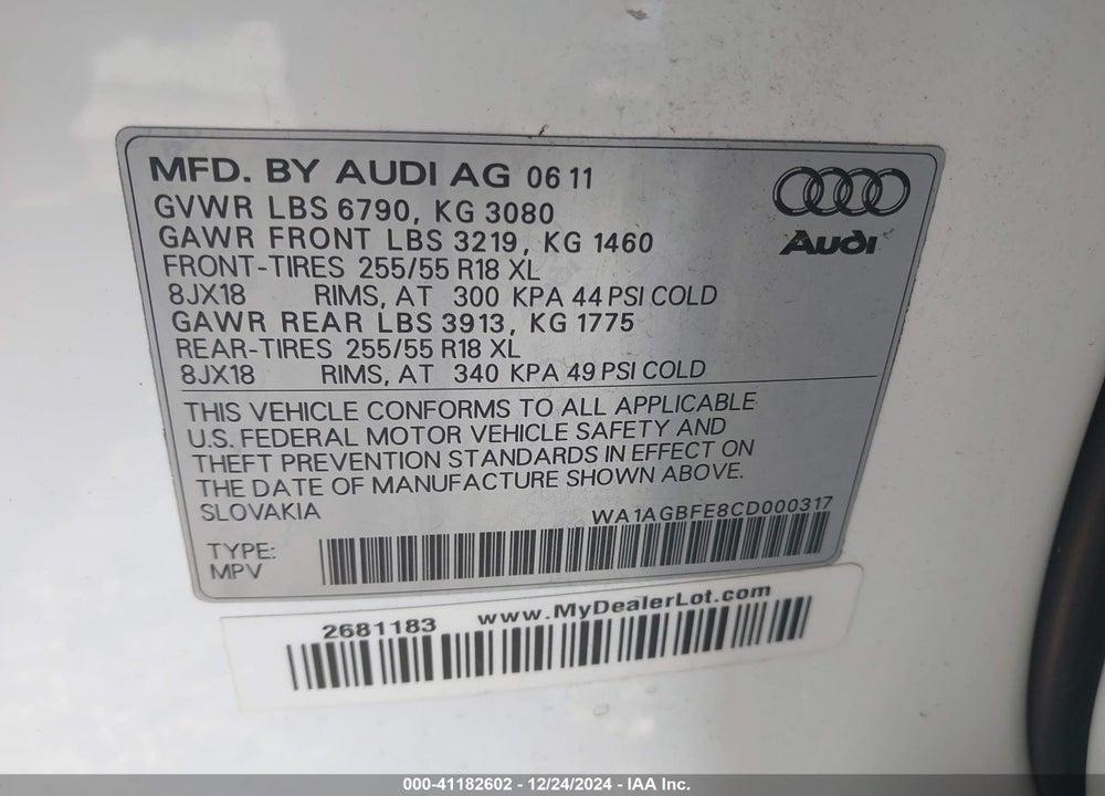 2012 AUDI Q7 VIN: WA1AGBFE8CD000317