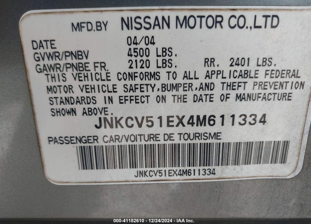 2004 INFINITI G35 VIN: JNKCV51EX4M611334