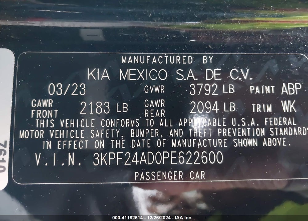 2023 KIA FORTE VIN: 3KPF24AD0PE622600