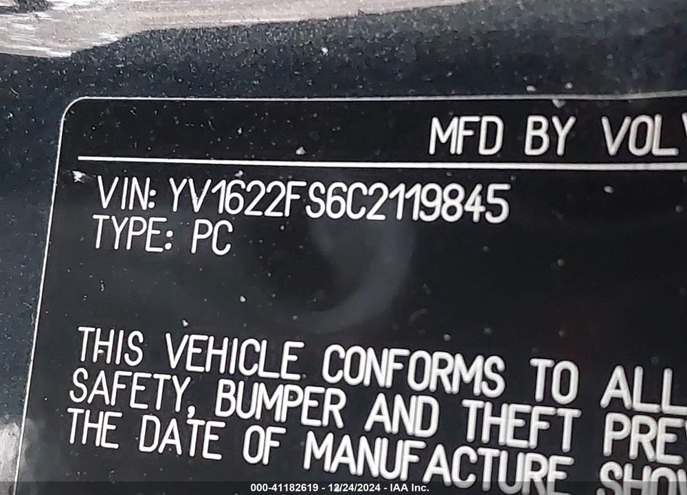 2012 VOLVO S60 VIN: YV1622FS6C2119845