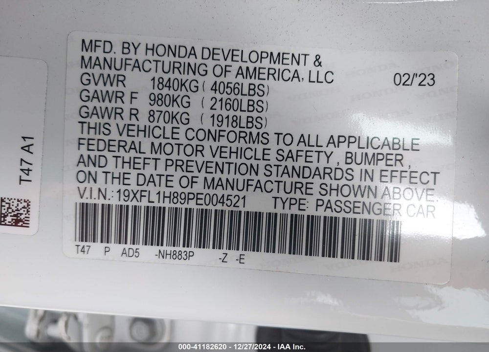 2023 HONDA CIVIC VIN: 19XFL1H89PE004521