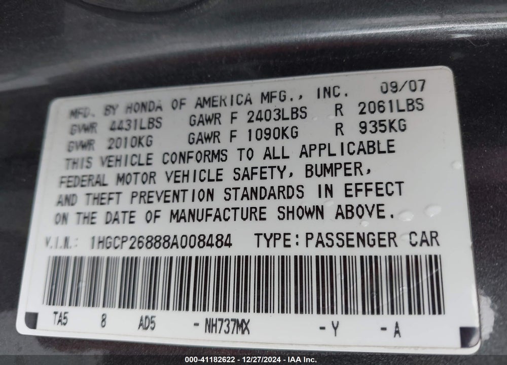 2008 HONDA ACCORD VIN: 1HGCP26888A008484