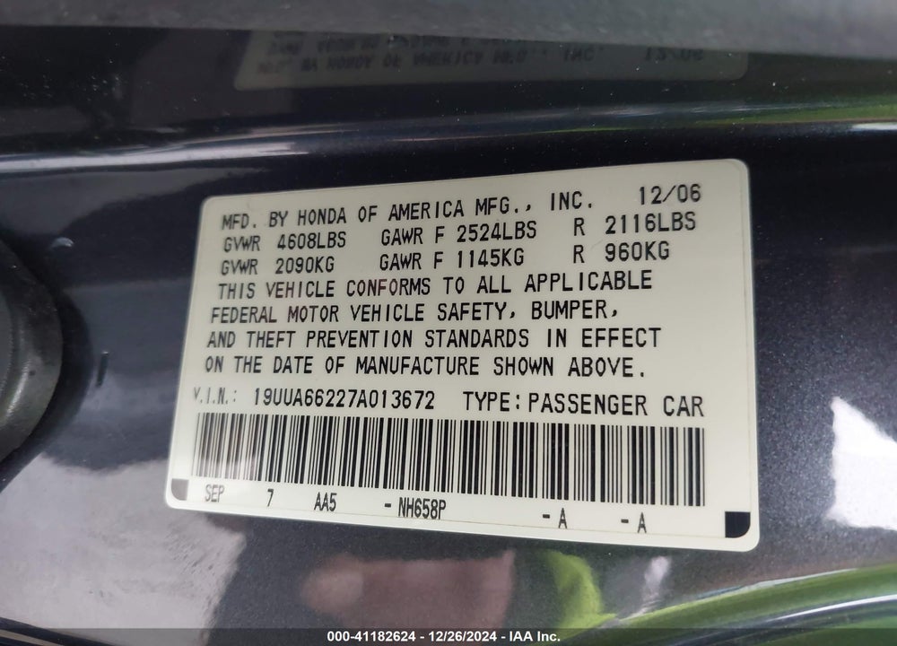 2007 ACURA TL 3.2 VIN: 19UUA66227A013672