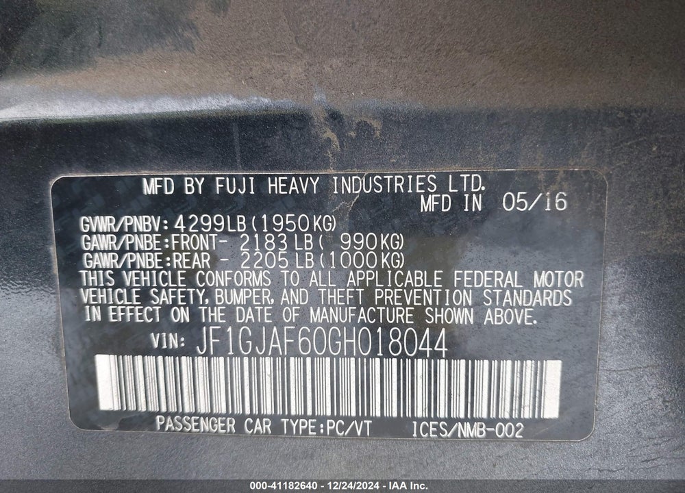 2016 SUBARU IMPREZA VIN: JF1GJAF60GH018044