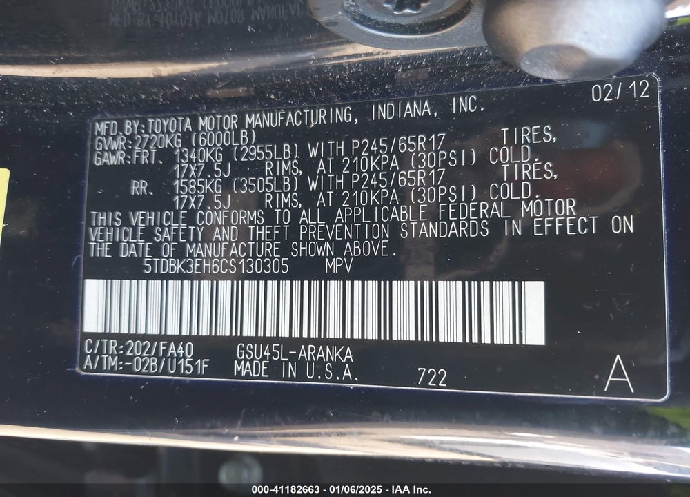 2012 TOYOTA HIGHLANDER SE VIN: 5TDBK3EH6CS130305