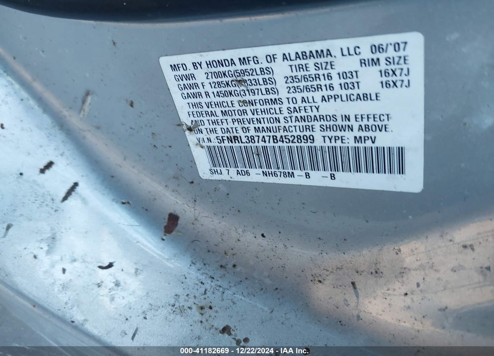 2007 HONDA ODYSSEY EX-L VIN: 5FNRL38747B452899