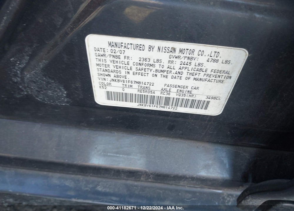 2007 INFINITI G35X VIN: JNKBV61F67M814722
