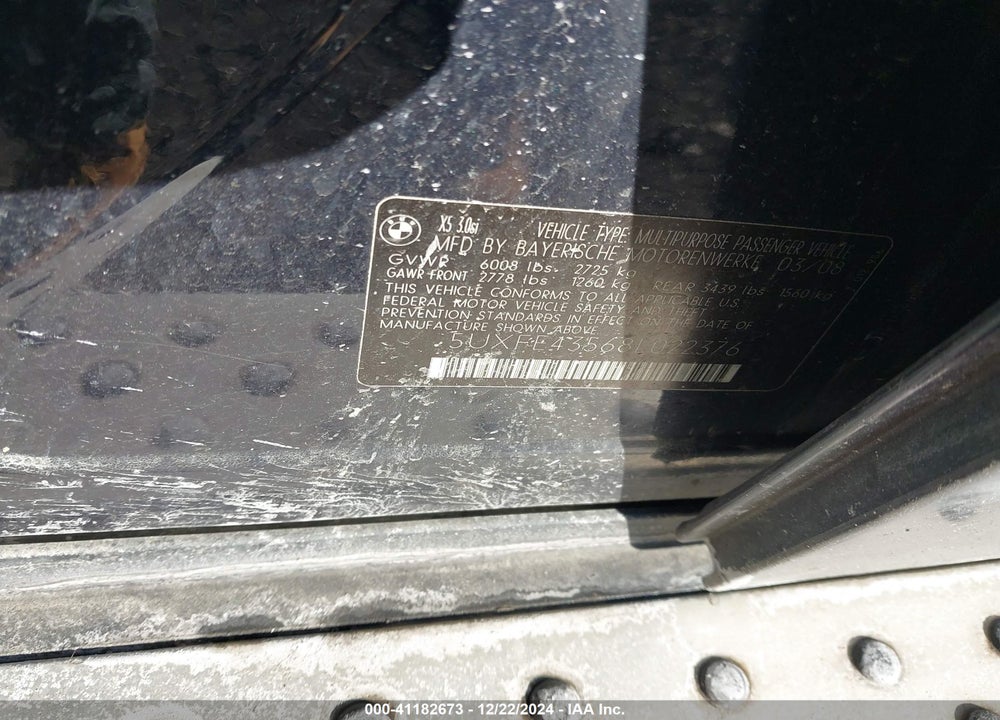 2008 BMW X5 3.0SI VIN: 5UXFE43568L022376