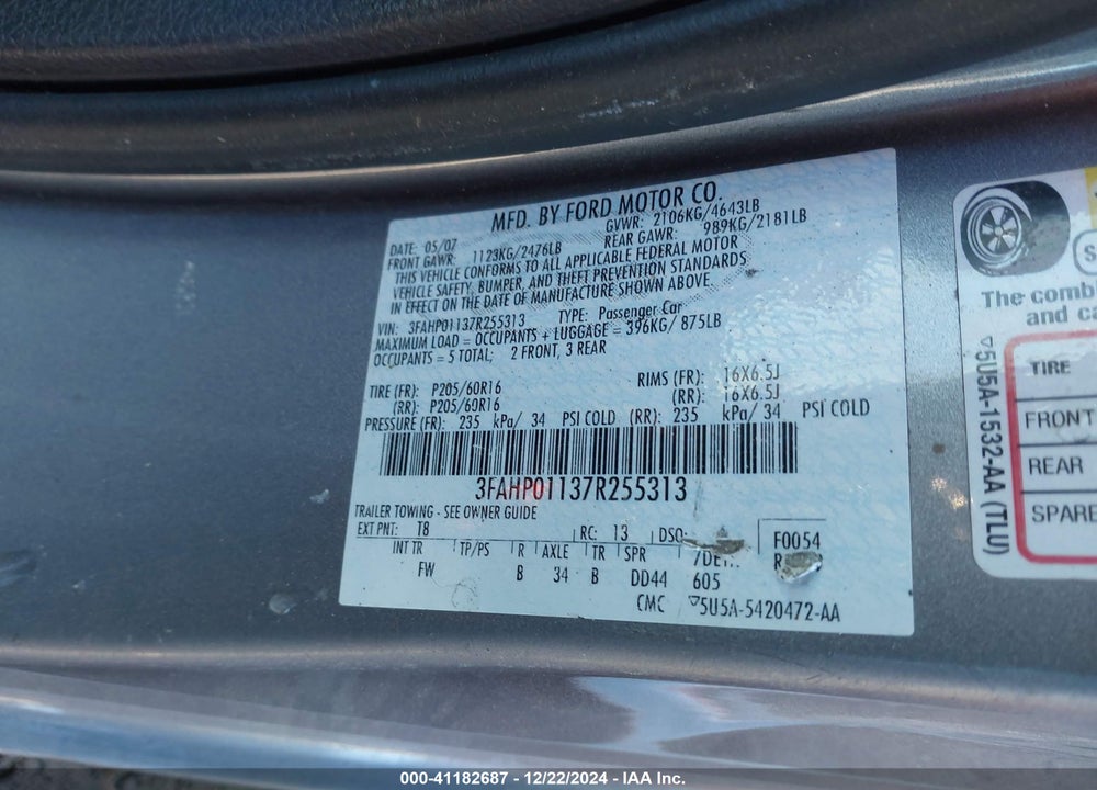 2007 FORD FUSION SE VIN: 3FAHP01137R255313