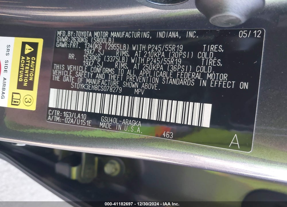 2012 TOYOTA HIGHLANDER LIMITED V6 VIN: 5TDYK3EH8CS078279