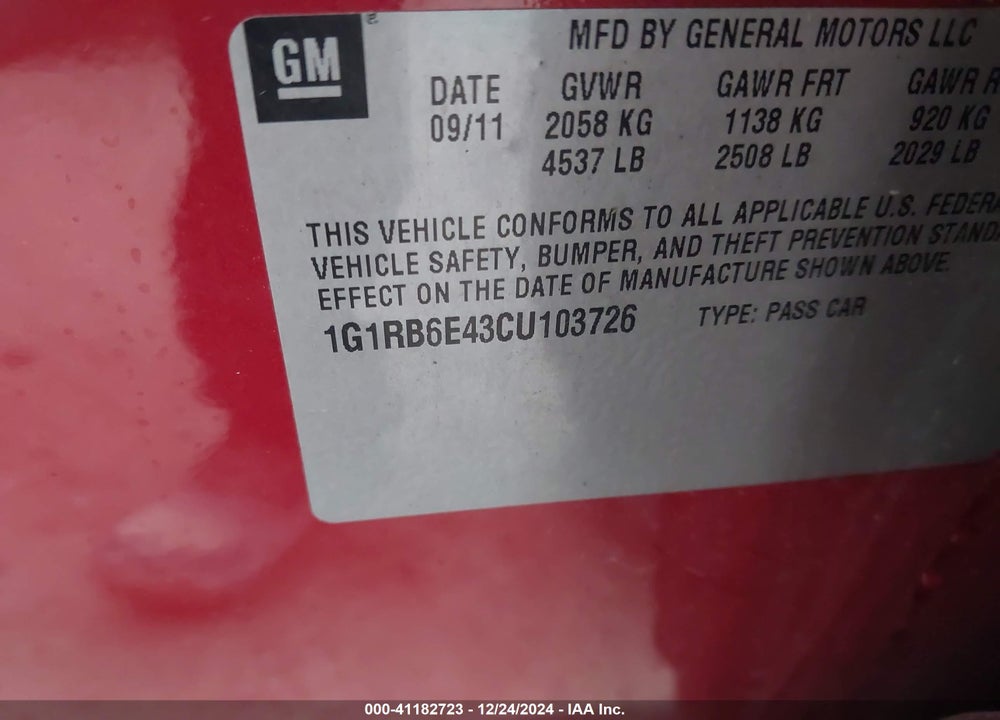 2012 CHEVROLET VOLT VIN: 1G1RB6E43CU103726