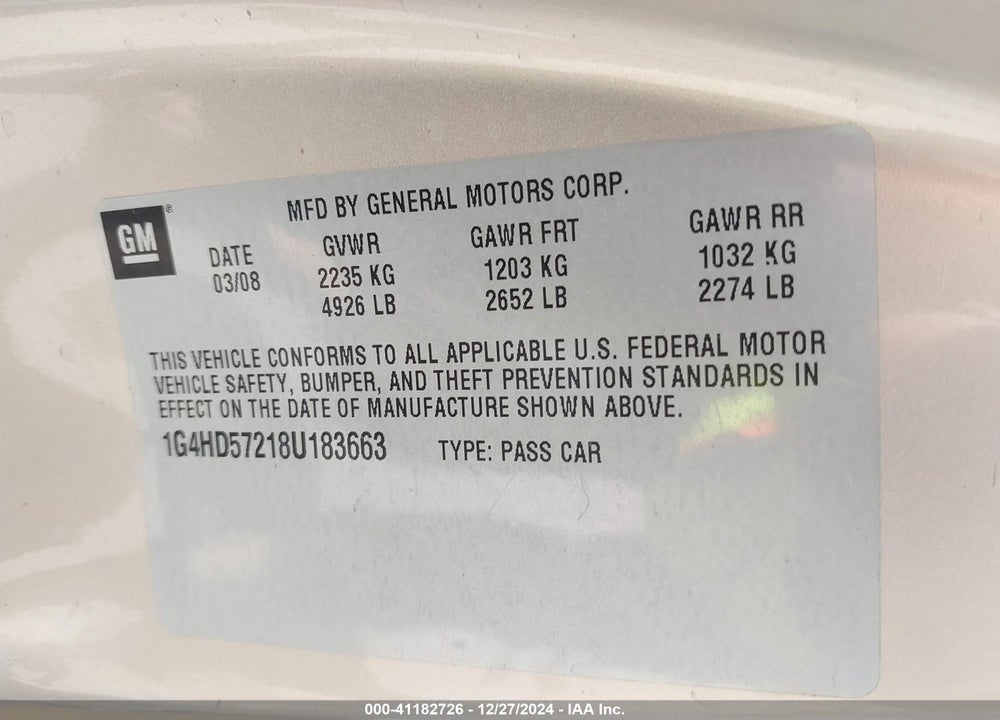 2008 BUICK LUCERNE VIN: 1G4HD57218U183663