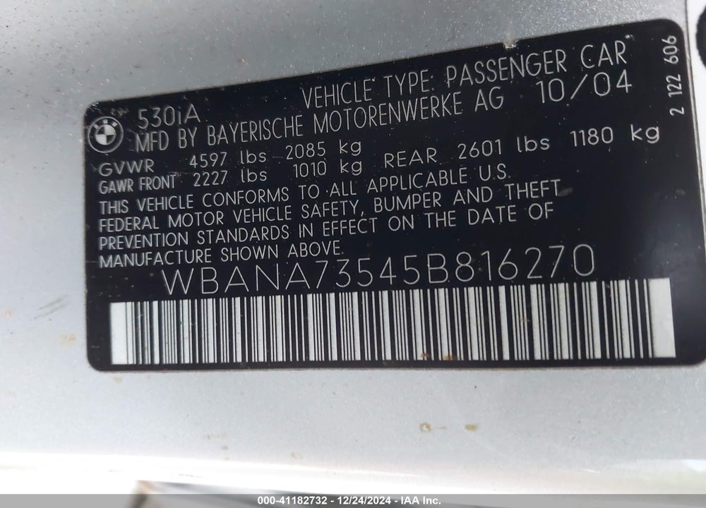 2005 BMW 530I VIN: WBANA73545B816270