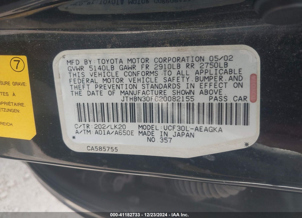 2002 LEXUS LS 430 VIN: JTHBN30F620082155