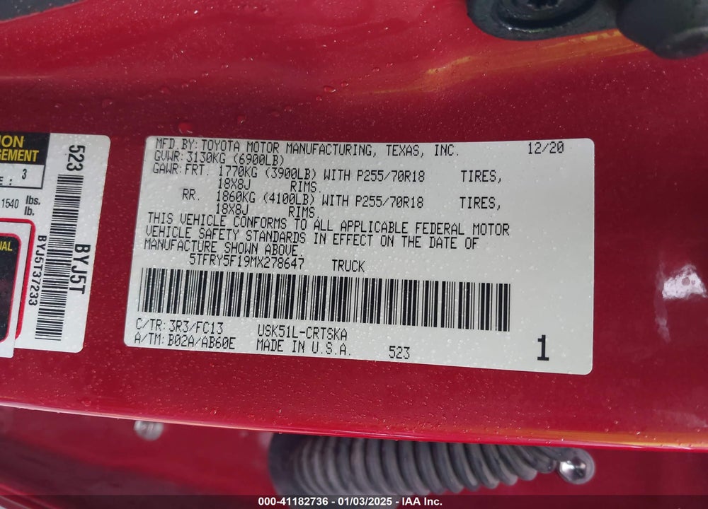 2021 TOYOTA TUNDRA VIN: 5TFRY5F19MX278647