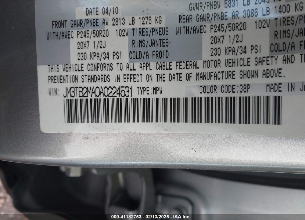 2010 MAZDA CX-9 GRAND TOURING VIN: JM3TB2MA0A0224531