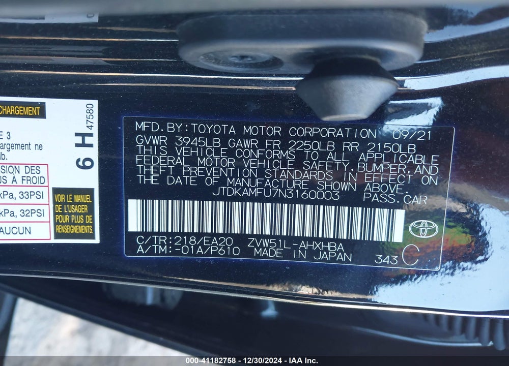 2022 TOYOTA PRIUS XLE VIN: JTDKAMFU7N3160003
