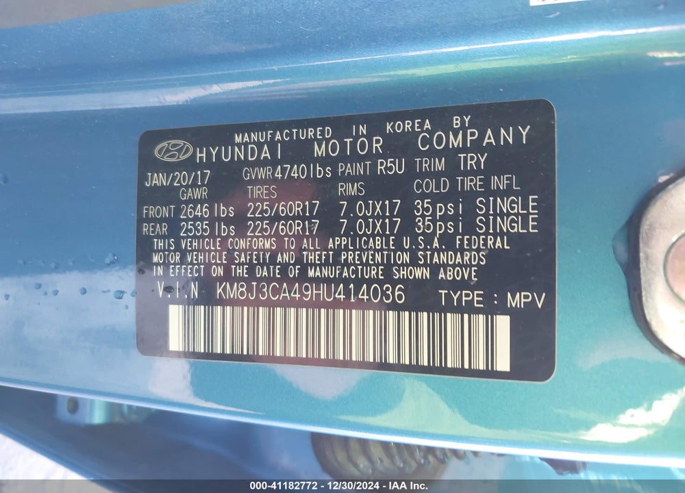 2017 HYUNDAI TUCSON SE VIN: KM8J3CA49HU414036