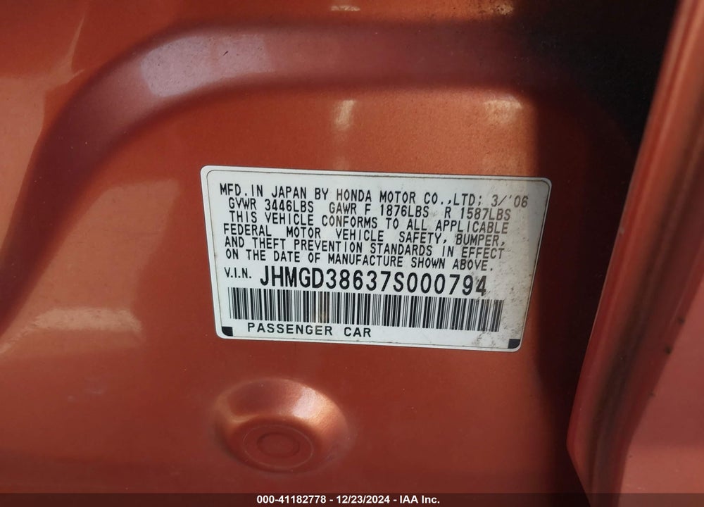 2007 HONDA FIT SPORT VIN: JHMGD38637S000794