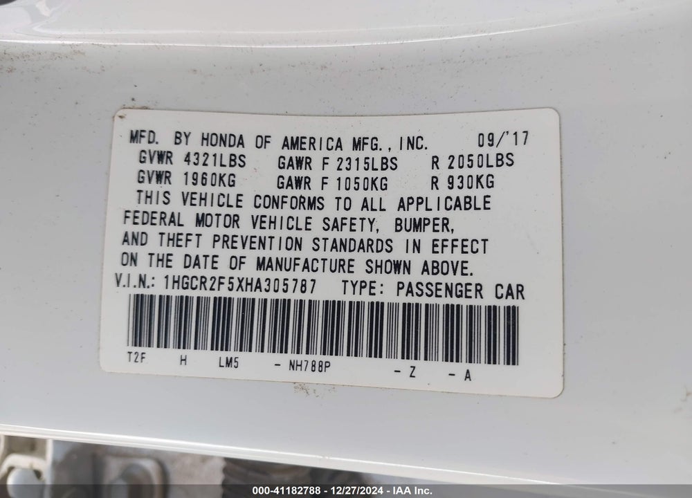 2017 HONDA ACCORD VIN: 1HGCR2F5XHA305787