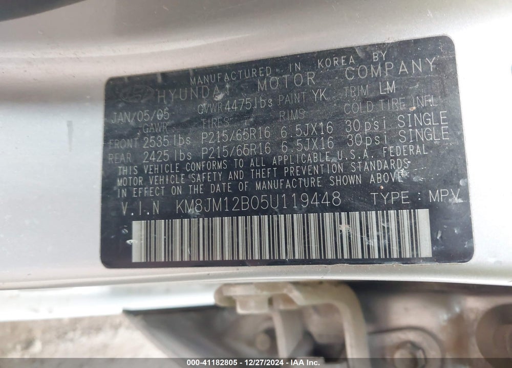2005 HYUNDAI TUCSON GL VIN: KM8JM12B05U119448