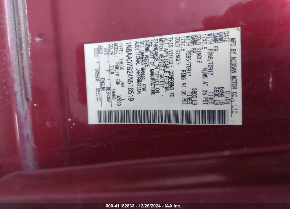 2004 NISSAN TITAN SE VIN: 1N6AA07B24N516519