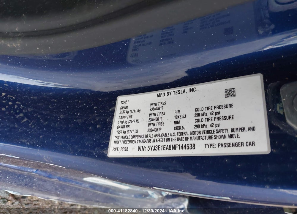 2022 TESLA MODEL 3 REAR-WHEEL DRIVE VIN: 5YJ3E1EA8NF144538